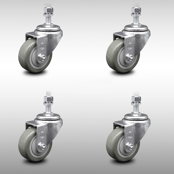 3 Inch SS Gray Polyurethane Wheel Swivel 1/2 Inch Threaded Stem Caster Set SCC
